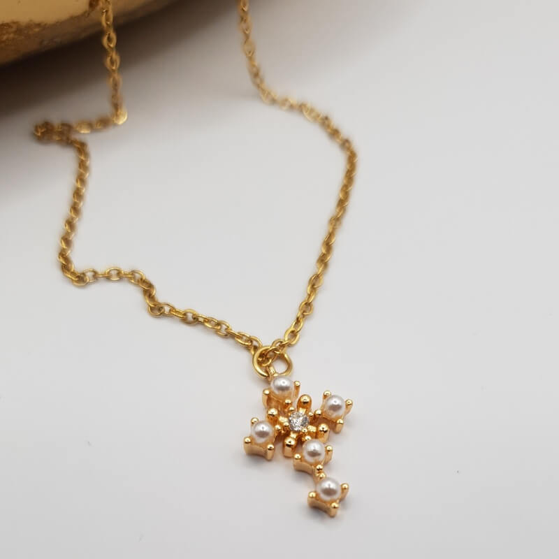 Pearl Cross Necklace gold